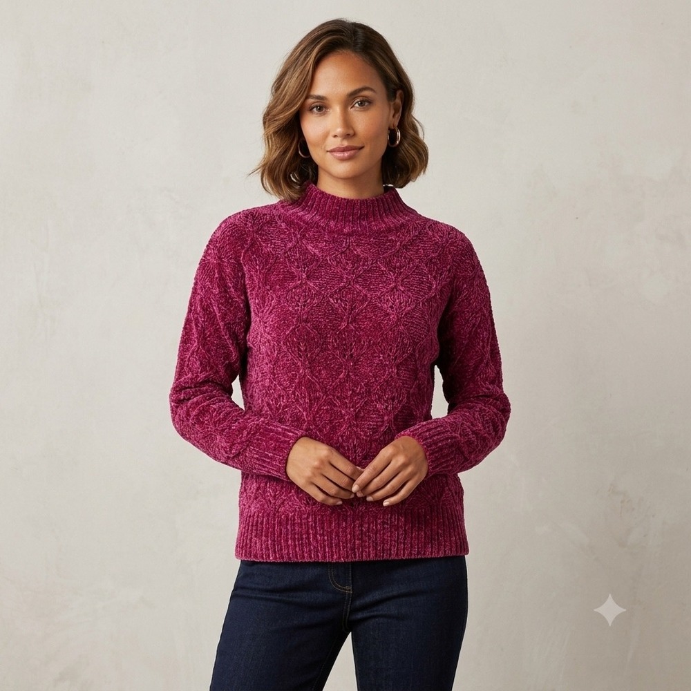 New Liz Claiborne Womens Size Large Chenille Cable Sweater Burgundy Mock Neck